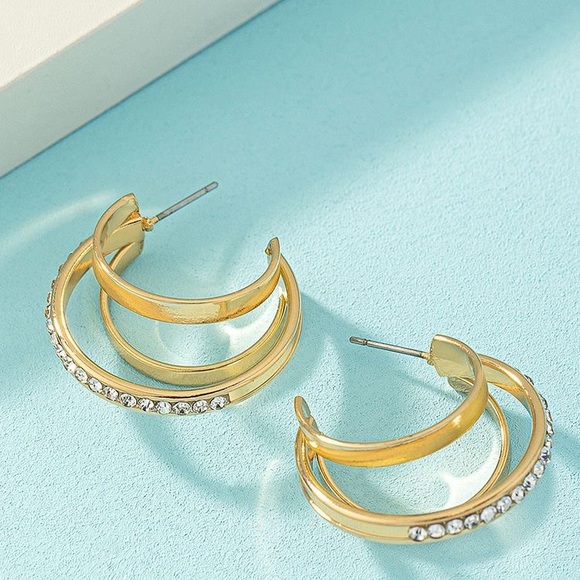C Shaped, Rhinestone Studded, 3 tier gold hoop earrings - Picture 5 of 6